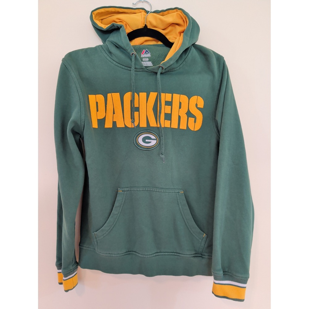 Majestic Green Bay‎ Packers NFL Hoodie Green Gold Embroidered Sweatshirt Small